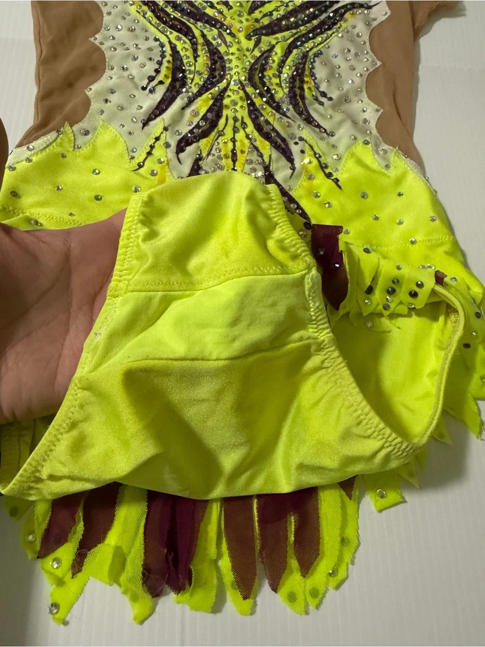 Custom Hand Painted Rhythmic Gymnastic Costume Neon Lime Purple Rhinestone CM CL